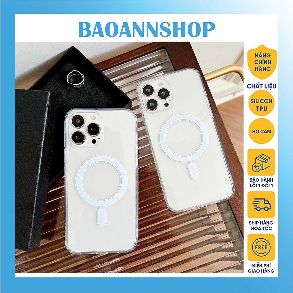 Ốp lưng iphone trong suốt cạnh vuông mag.safe từ tính hỗ trợ sạc không dây chống ố chống sốc 11/12/13/14/pro/promax