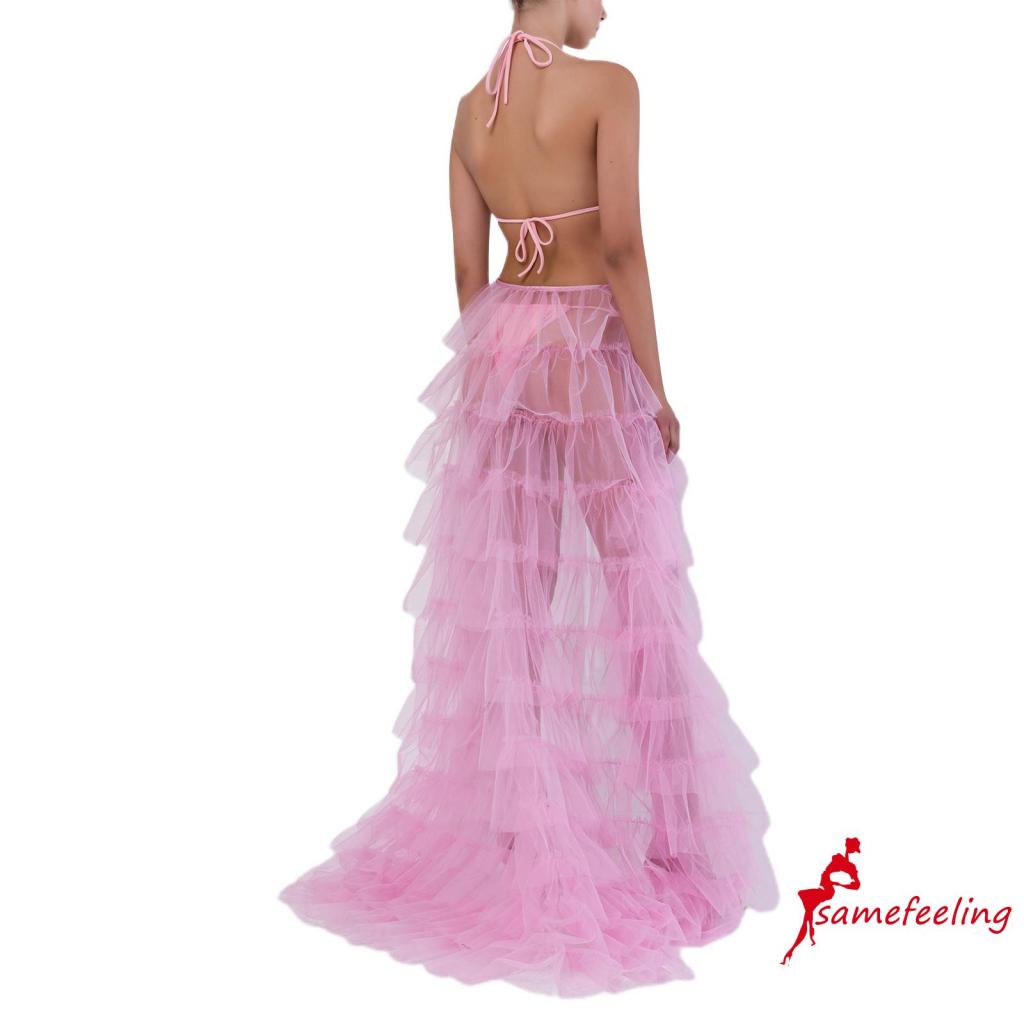 SF-Women Tulle Skirt Solid Color Mesh Tied-Up Irregular Floor-Length Party Skirt for Wedding Guest, Dinner, Cocktail Party