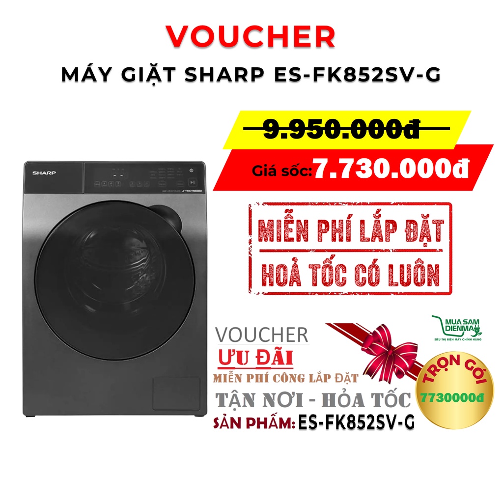 Voucher Lắp Đặt Hỏa Tốc Miễn Phí Máy Giặt Cửa Trước Lồng Ngang 8.5kg Sharp ES-FK852EV-W ES-FK852SV-G Inverter Tiếng Việt