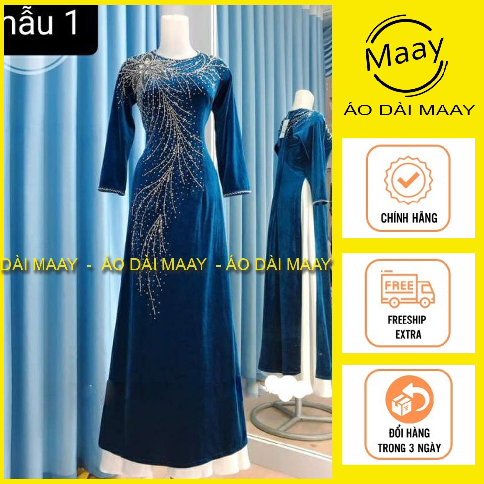 Áo dài nhung tặng mẹ đính kết bằng tay cao cấp, áo dài bà sui/trung niên - Áo dài Maay