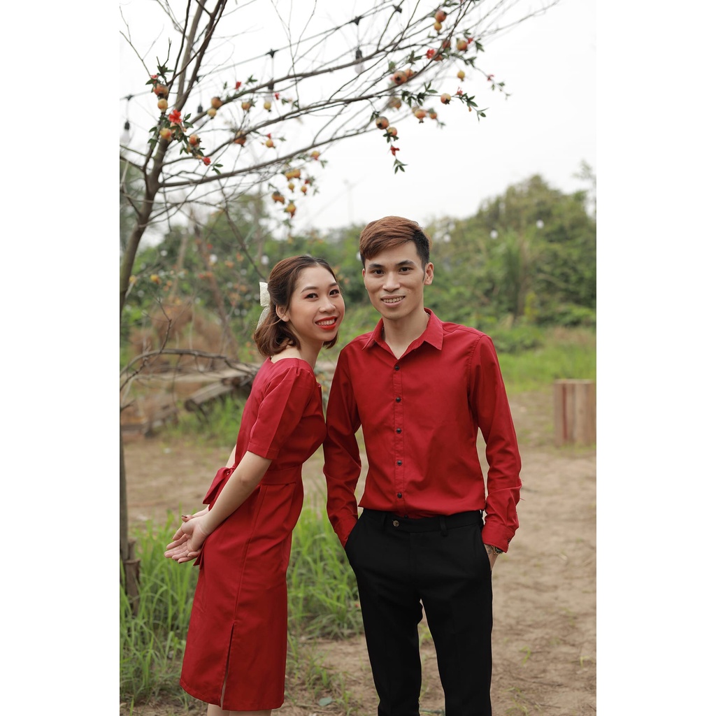 Set áo sơ mi váy đôi màu đỏ đô siêu hot
