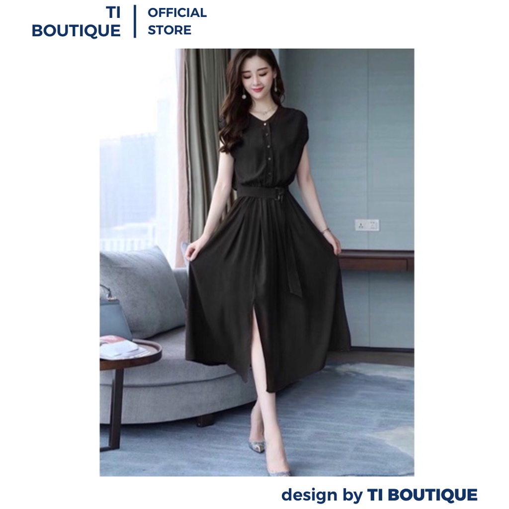 Đầm Cổ Tròn Phối Tay Áo Cánh Dơi Thanh Lịch Nữ Tính, Đầm Thời Trang Dáng Dài Nơ Eo Nhẹ Nhàng Dịu Dàng