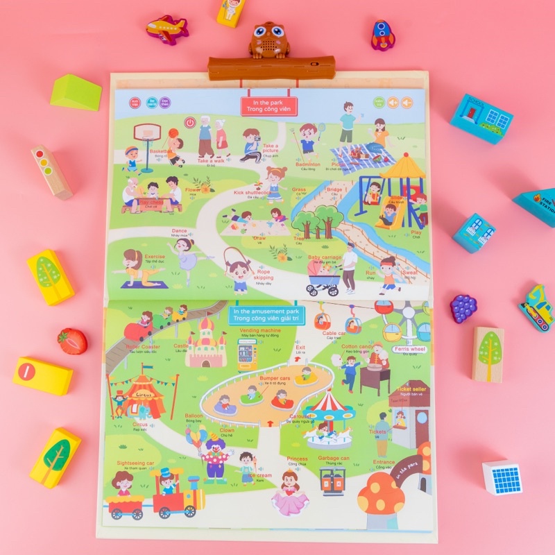 Từ điển âm thanh song ngữ Anh-Việt Hopkids 900 nút,  51 trang cho bé, bảng điện tử thông minh kèm cáp sạc và bút xoá