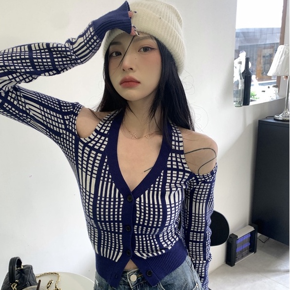 Áo cardigan ZHELIHANGFEI vải dệt kim cổ chữ V trễ vai quyến rũ thời trang