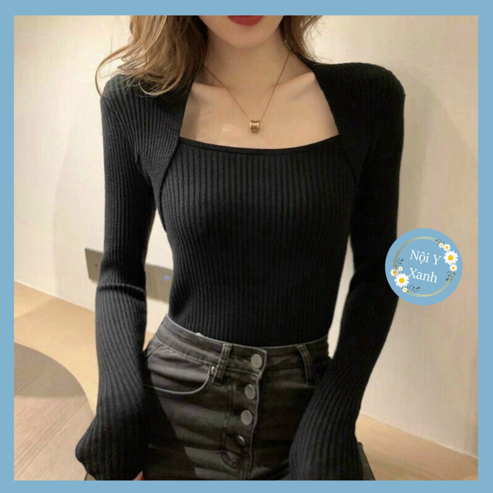 áo len nữ dệt kim khoét ngực cổ hình vuông dáng bo hàng Quảng Châu Trung Quốc thời thượng A28 noiyxanh hot trend, phom đ