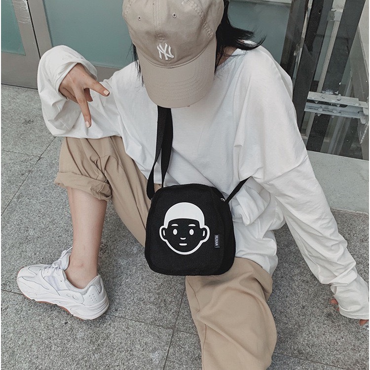 Túi vải tote canvas đeo chéo hình mặt người ngộ nghĩnh đáng yêu phong cách Harajuku Nhật Bản