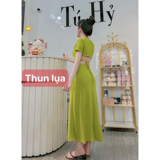 Siêu hot đầm cổ tròn tay ngắn dáng dài xòe hở lưng cột dây chất thun lụa