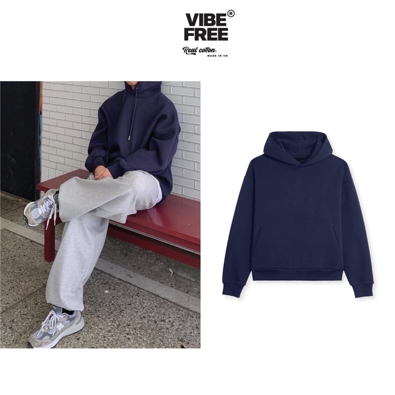 Áo hoodie trơn nỉ dày cotton UNISEX VIBE FREE form rộng