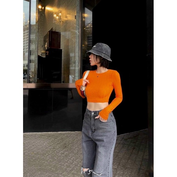 ÁO NHÚNG CROPTOP TRƠN CỔ TRÒN TAY DÀI FROM BASIC MS11368