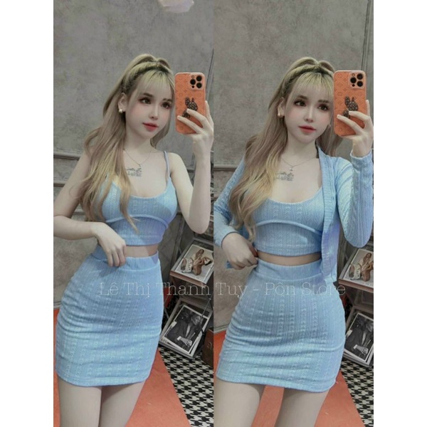 Sét váy 3 món Đồ thời trang nữ mặc đi chơi chất len ren y mẫu, áo dây mix váy ôm, kèm áo khoát tay dài