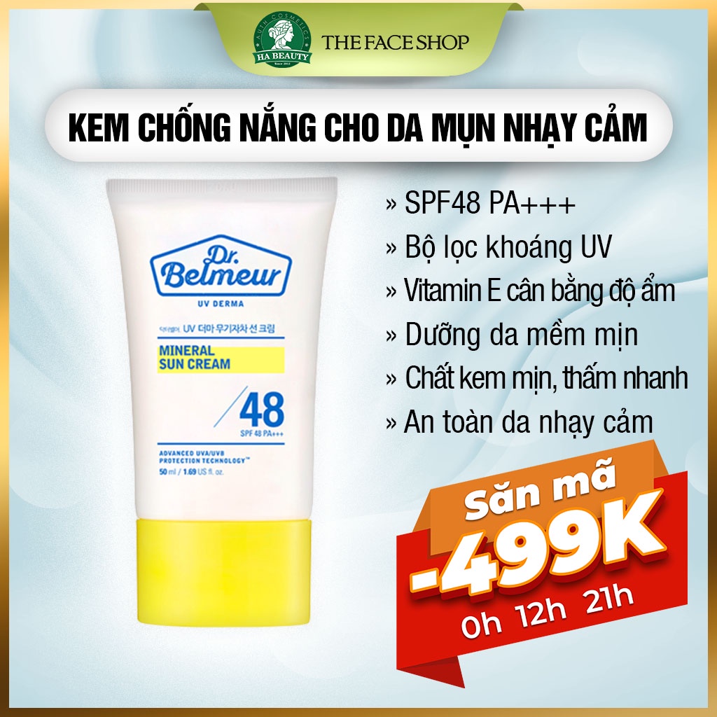 Kem chống nắng cho da mụn nhạy cảm The Face Shop Dr Belmeur Mineral Sun Cream SPF48+++ 50ml