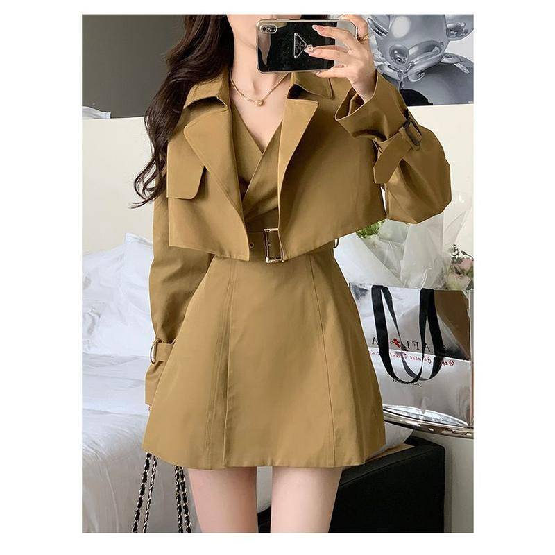 Khí Chất Thời Trang Đỉnh Cao Phối Áo Gió Nữ Mùa Thu Mẫu Mới Áo Khoác Ngắn Áo Gió Cao Cấp Bộ Hai Chiếc