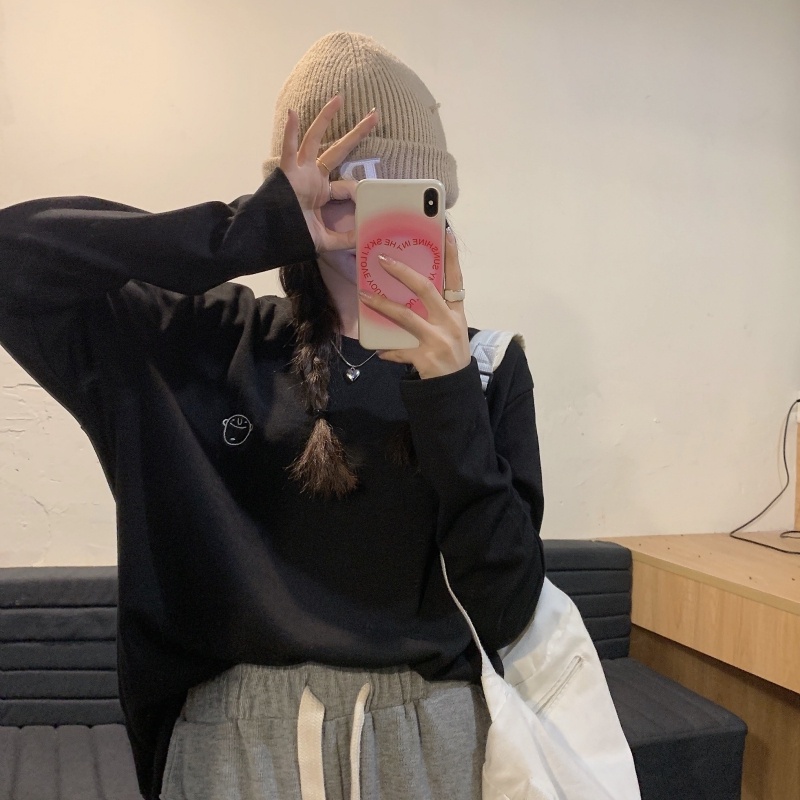 ZHELIHANGFEI Áo Thun Tay Dài Cổ Tròn Form Rộng Với Họa Tiết Thêu Đơn Giản Dễ Phối Đồ