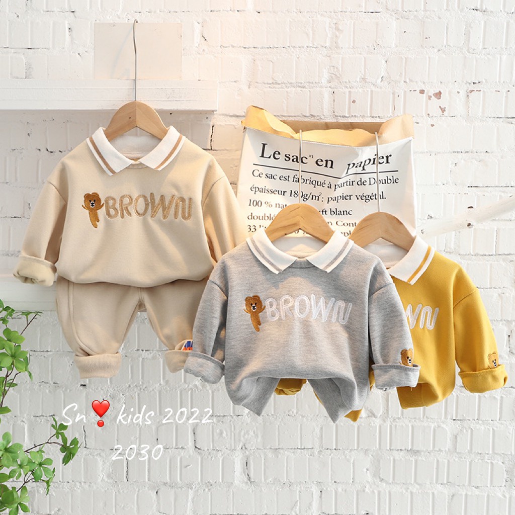 Quần áo thu đông bé trai, bộ nỉ da cá cổ bo dệt thêu gấu BROWN cho bé