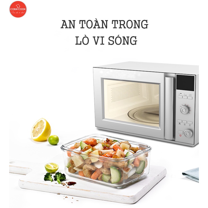 Bộ 3 Hộp Cơm Thủy Tinh Hình Tròn COBACOOK Chịu Nhiệt 640ml Và Túi Giữ Nhiệt- CCR63BB