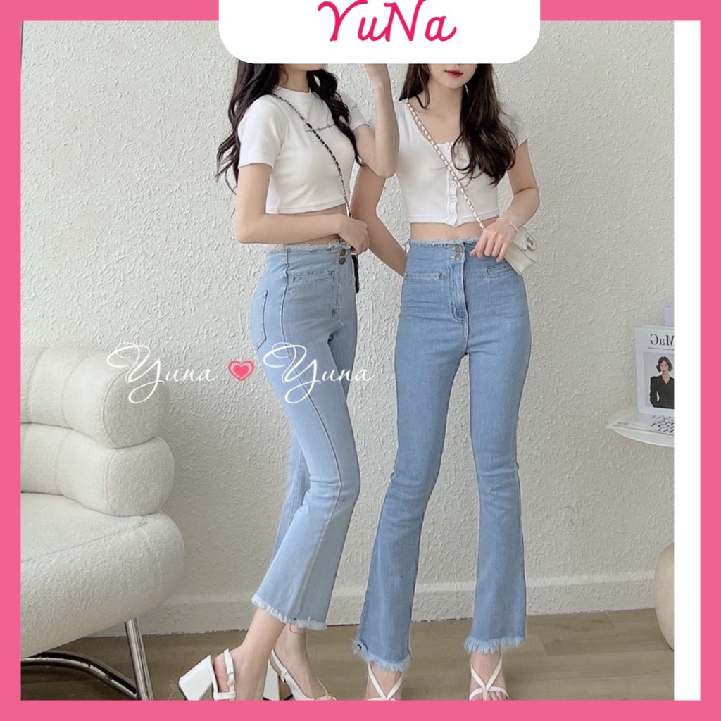 Quần jean nữ YUNA ống loe màu xanh cạp cao phong cách Hàn Quốc năng động siêu co dãn siêu hách dáng, thời trang nữ YUNA