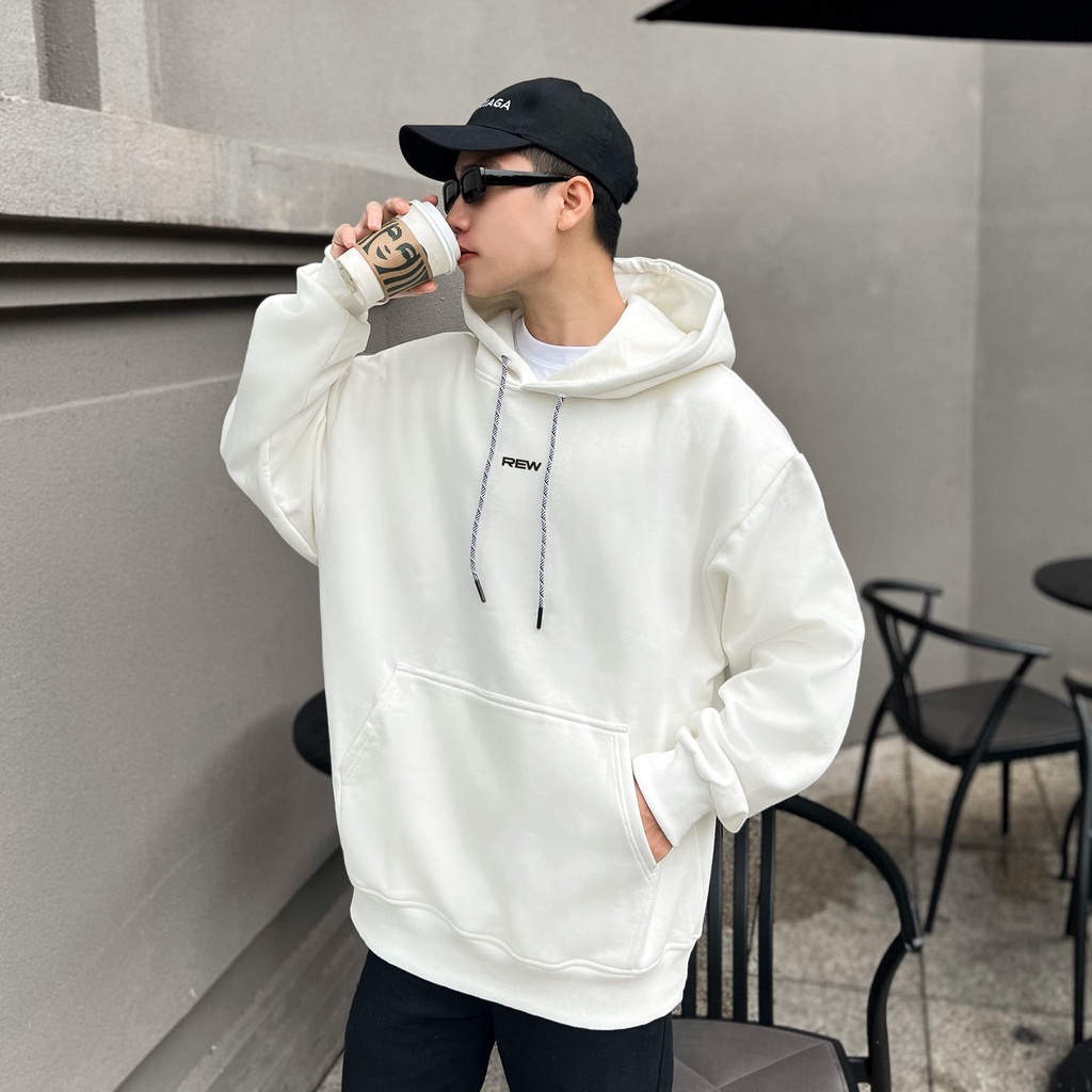 Áo Hoodie trắng form rộng 100% Cotton REW