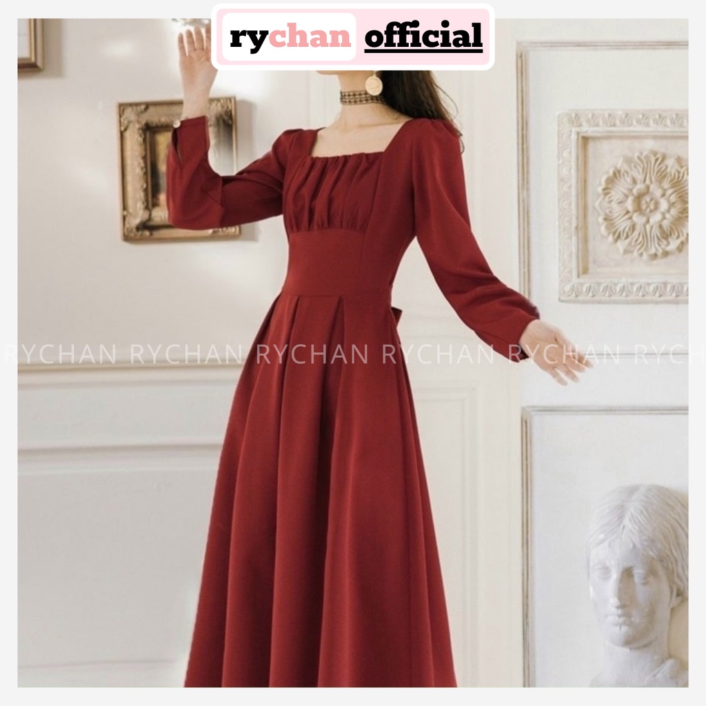 Đầm Thiết Kế Nữ Dáng Dài Xòe Ngực Nhúng Sành Điệu, Đầm Đi Tiệc Tay Dài Cổ Vuông Xinh Xắn Màu Đen Màu Đỏ - DX688