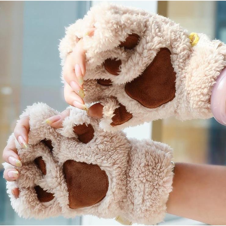Cat Claw Glove Phụ nữ mùa thu/mùa đông Hàn Quốc phiên bản dễ thương cô gái ngón tay dày gấu Claw lông cừu nửa ngón tay găng tay