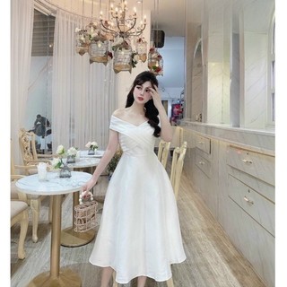 Đầm xòe dáng dài, Đầm thiết kế trễ vai xếp ly cao cấp