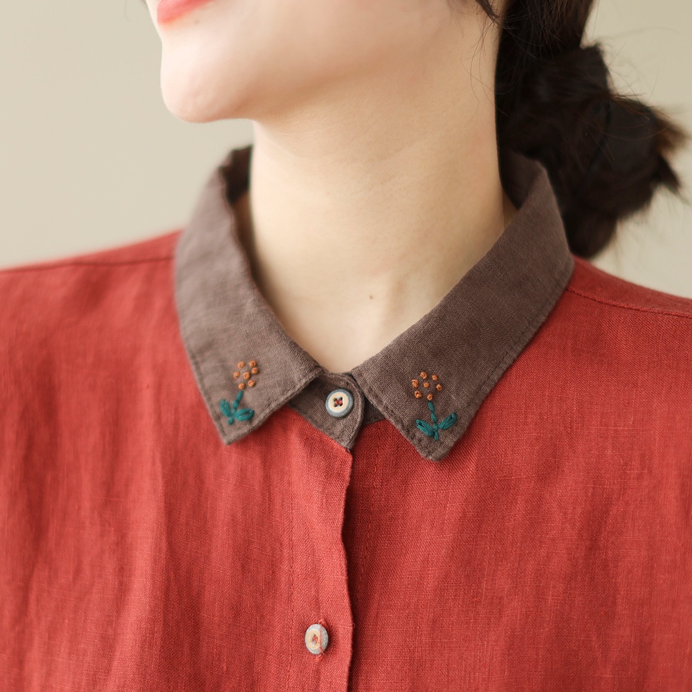 Ice cotton linen long-sleeved shirt blouse lapel casual linen counter withdrawal of the big brand literary collision color