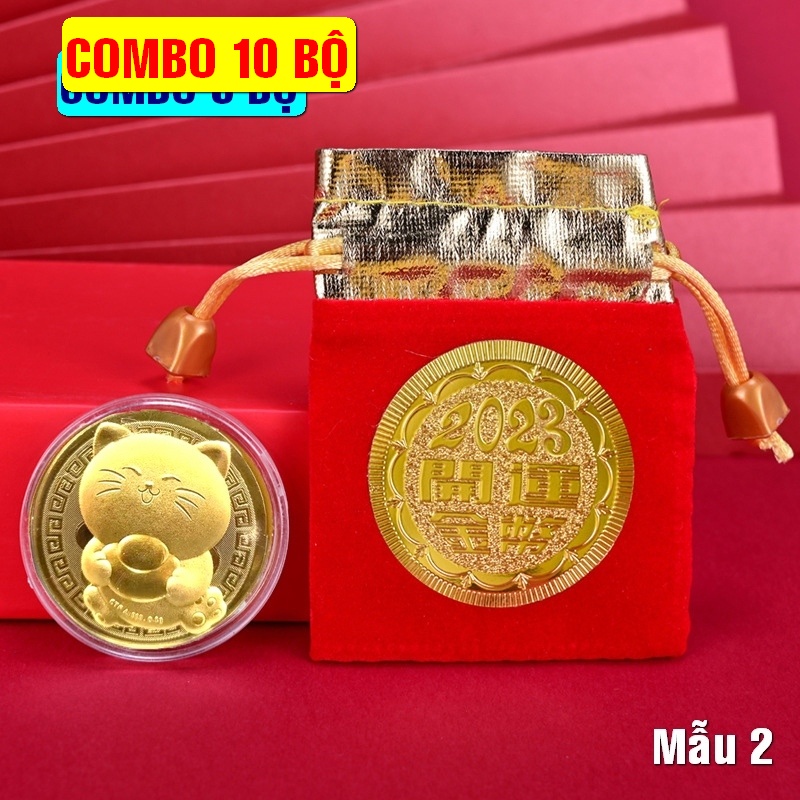 Combo 10 Xu con mèo vàng + túi gấm 2023 làm quà tặng, đồng nghiệp khách hàng Tết Quý Mão - Mẫu 2
