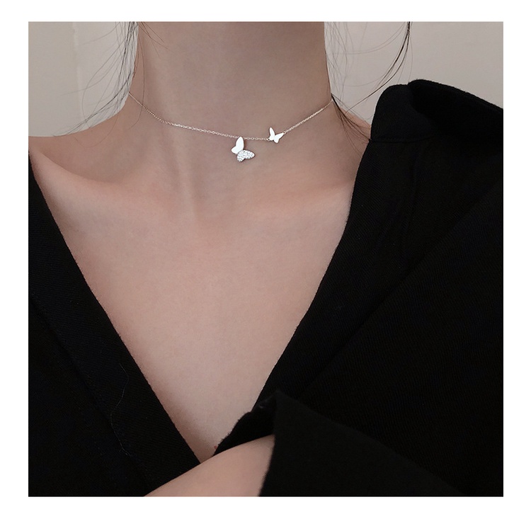 Dây chuyền vòng cổ nữ mạ bạc sợi nhuyễn đính đá trắng thiết kế xinh phong cách Hàn Quốc Boho Butterfly