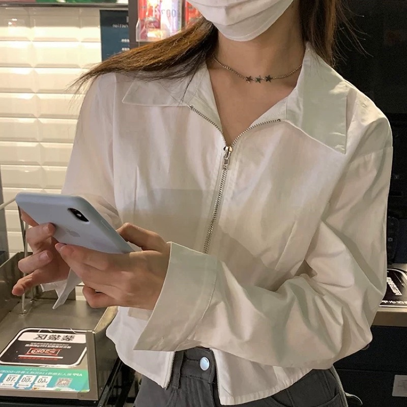 Áo Sơ Mi Nữ Trắng Tay Dài Croptop Thiết Kế Kéo Khoá Phong Cách Mới