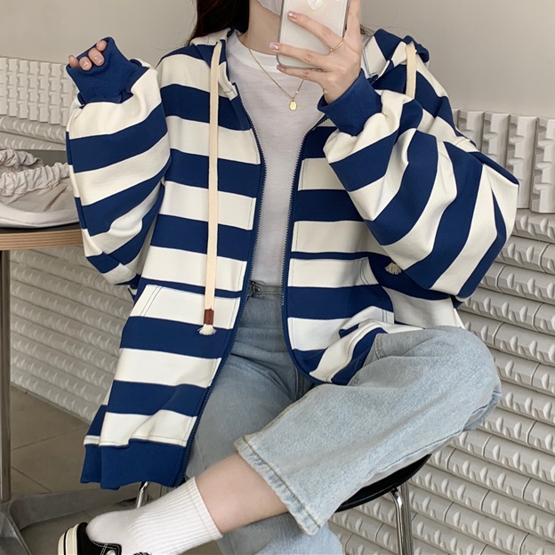 Áo hoodie SUXI tay dài dáng rộng kẻ sọc thời trang mùa thu cho nữ