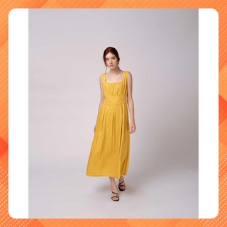 Đầm midi nữ YV LE & CO vải Linenmàu vàng nhẹ nhàng, tinh tế