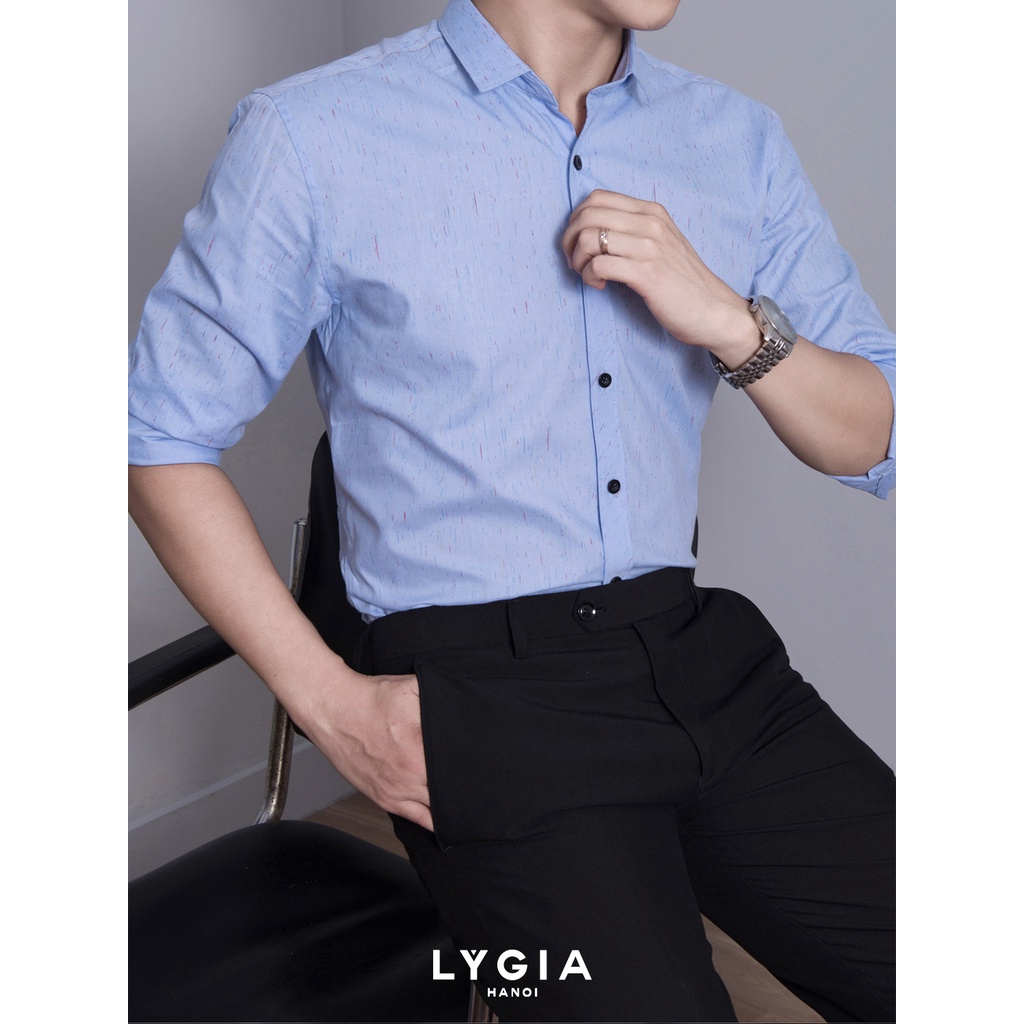 Áo sơ mi nam dài tay LÝ GIA 002 - Sơ mi nam xanh dương công sở hoạ tiết cao cấp chất vải mát mịn chống nhăn