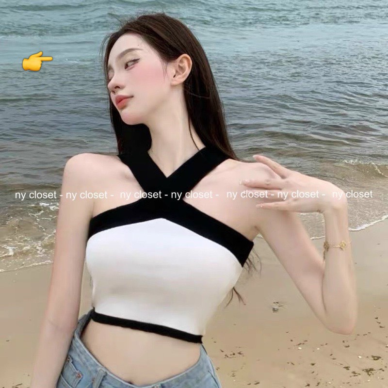 Áo kiểu croptop chéo dây cổ viền màu cực xinh , chất thun bozip mềm mịn