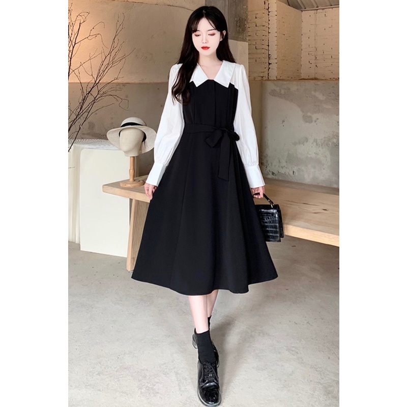 Váy Cổ Sơ Mi Bẻ Eo Thắt Dây Hai Màu Đen Be Chất Voan Cực Xinh Cho Nữ