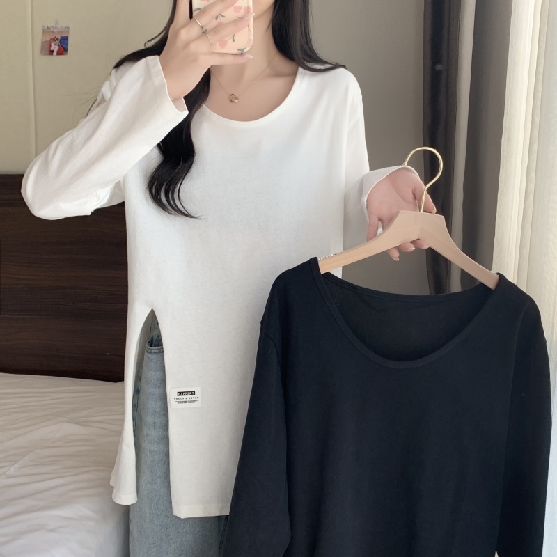 ZHELIHANGFEI Áo Thun Tay Dài Dáng Rộng Xẻ Tà Dễ Phối Đồ Thời Trang