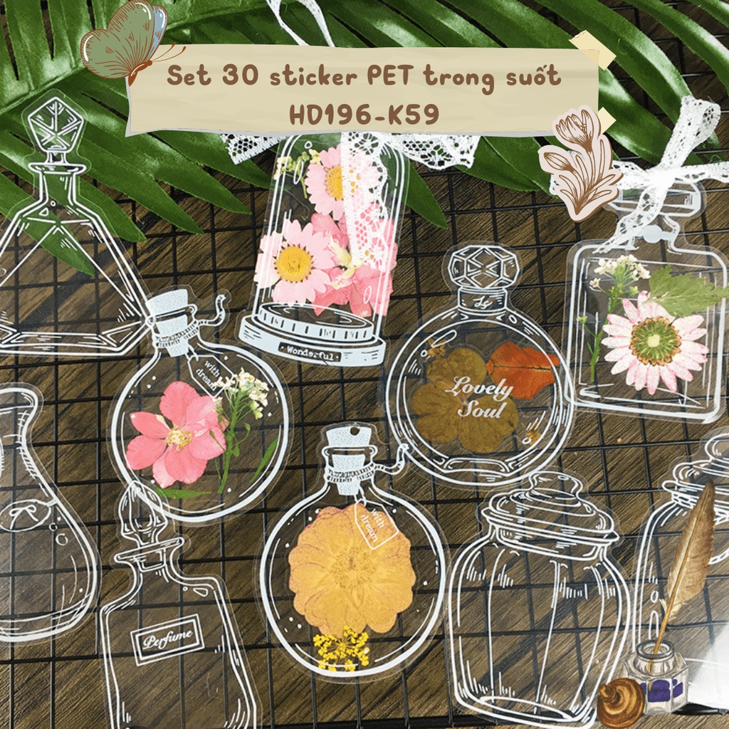 Sticker trong suốt chống nước set 30 miếng phù hợp decor Bullet Journal Scrapbook DIY mẫu chai lọ thủy tinh HD196-K59