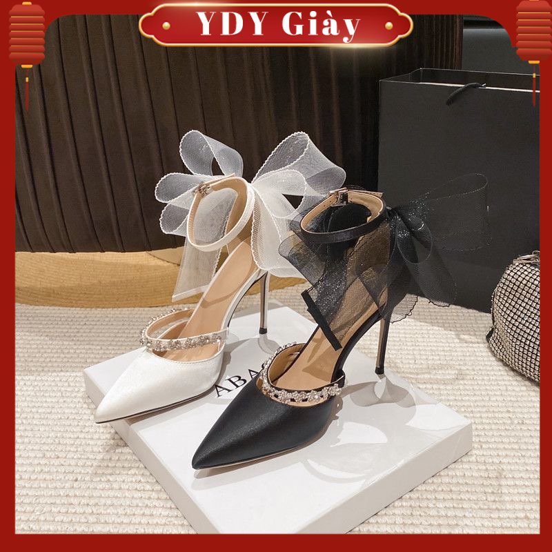 ❤️Giày YDY❤️Giày Cao Gót Mũi Nhọn Đính Đá Phối Nơ Xinh Xắn Dành Cho Nữ Thời Trang 8P