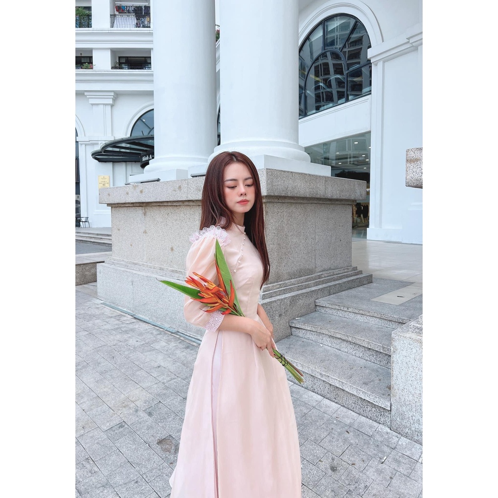 Áo dài cách tân Hạ vũ chất liệu oganza màu xanh bạc hà thiết kế mẫu mới nhất năm 2022 MS 03