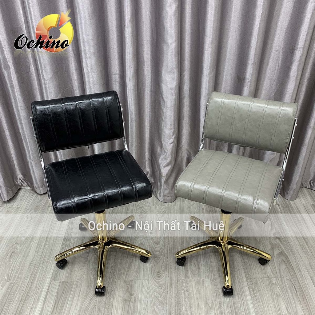 Ghế Makeup, Ghế Xoay Spa Phun Săm Mẫu Tựa Da Chữ Nhật Sọc Bánh Xe Chân Vàng Sao Cao Cấp (Có Sẵn)