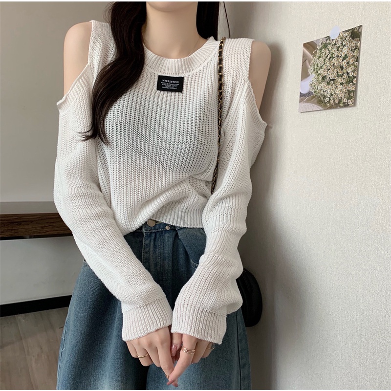 IELGY    Áo Thun Dệt Kim Hở Vai Dáng Rộng Thời Trang Dành Cho Nữ