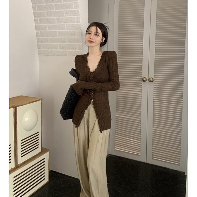 Áo Khoác cardigan Dệt Kim Tay Dài Cổ Chữ V Phong Cách Vintage Dành Cho Nữ