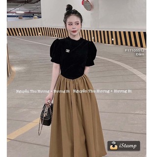 Đầm nhung xòe phối thô dáng dài tay bồng siêu sang chảnh!