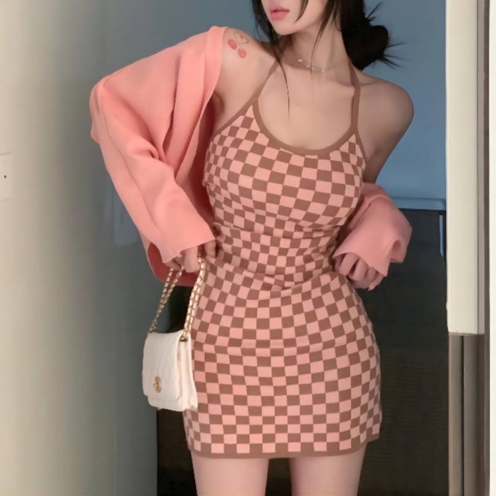 Váy len, đầm body hoạ tiết caro 2 dây dáng ôm phong cách Hàn Quốc NiNi Clothes