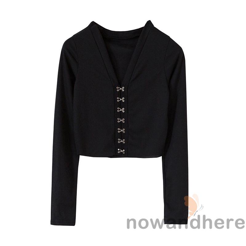 Áo Thun Crop Top Tay Dài Cổ Chữ V Màu Trơn Thời Trang Dành Cho Nữ