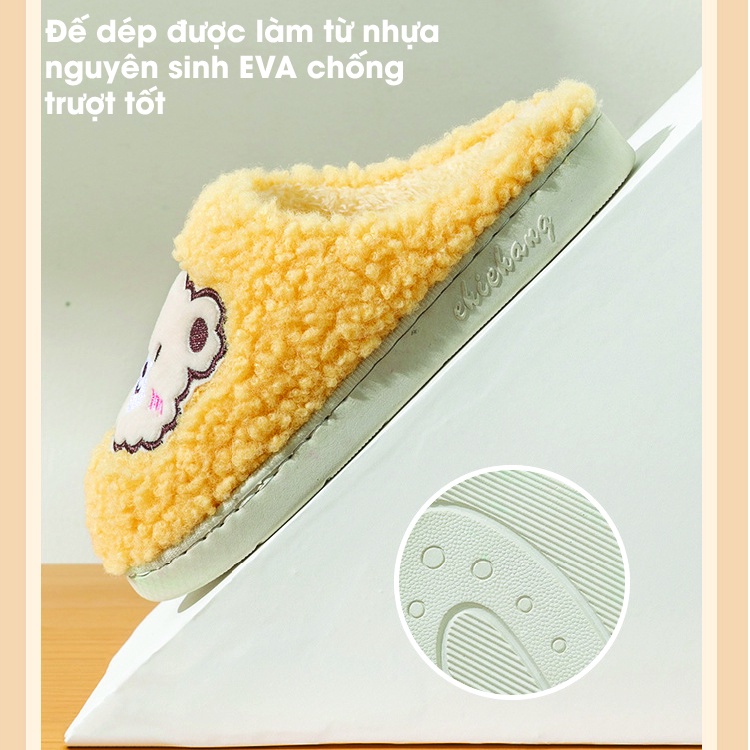 Dép bông đi trong nhà mùa đông, dép lông unisex đế cao su bám sàn tốt, mềm dẻo quai hình gấu lông xù cực cute TDO