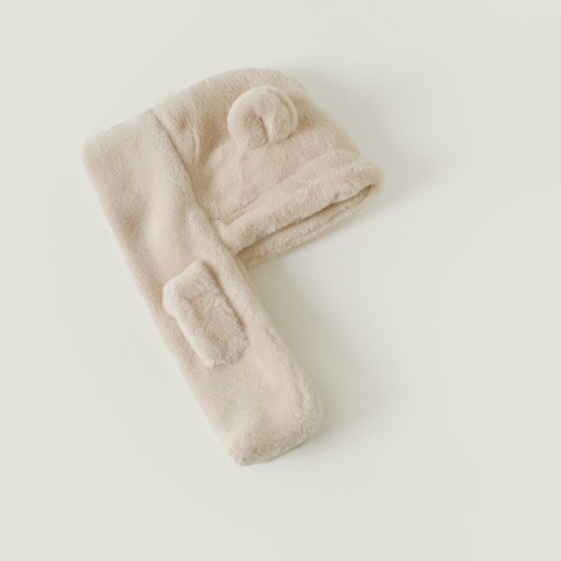 Mũ Trùm Đầu Kèm Khăn Choàng Cổ Dày Dặn Chống Lạnh Màu Trơn Hình Gấu Dễ Thương Cho Bé