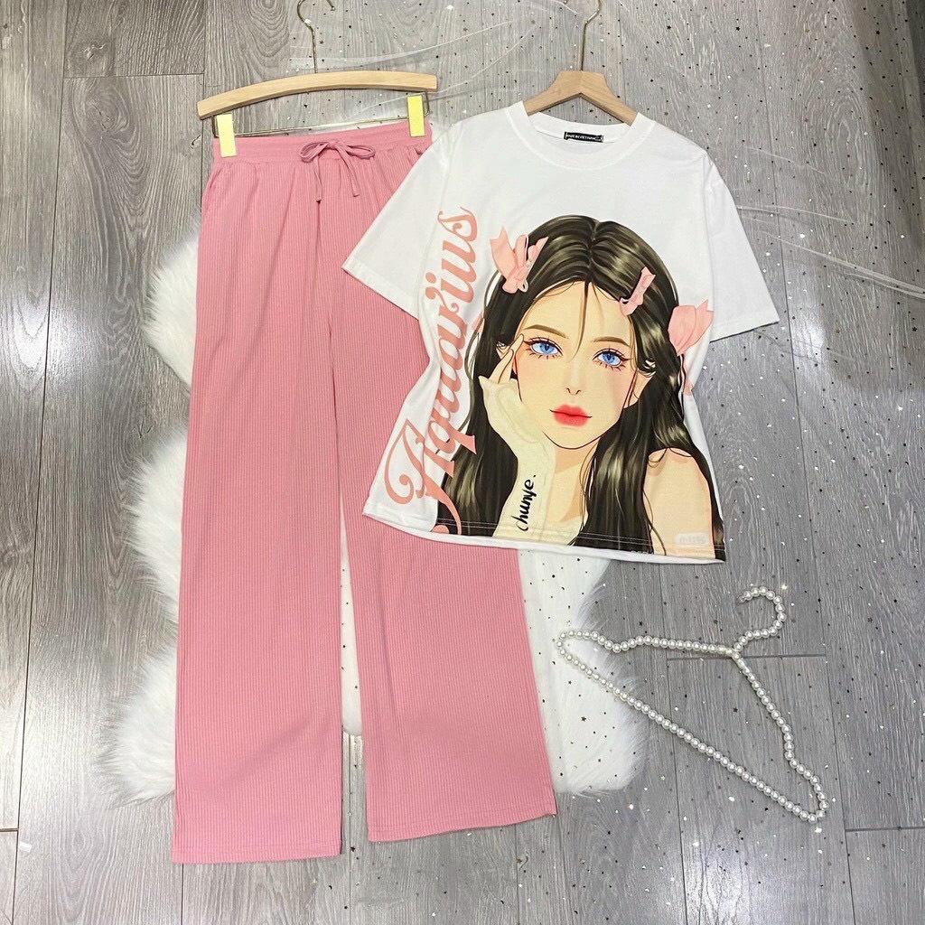 Set đồ nữ quần dài THUN GÂN TĂM ❤️ Đồ bộ hoạt hình form rộng Freesize Molly Fashion