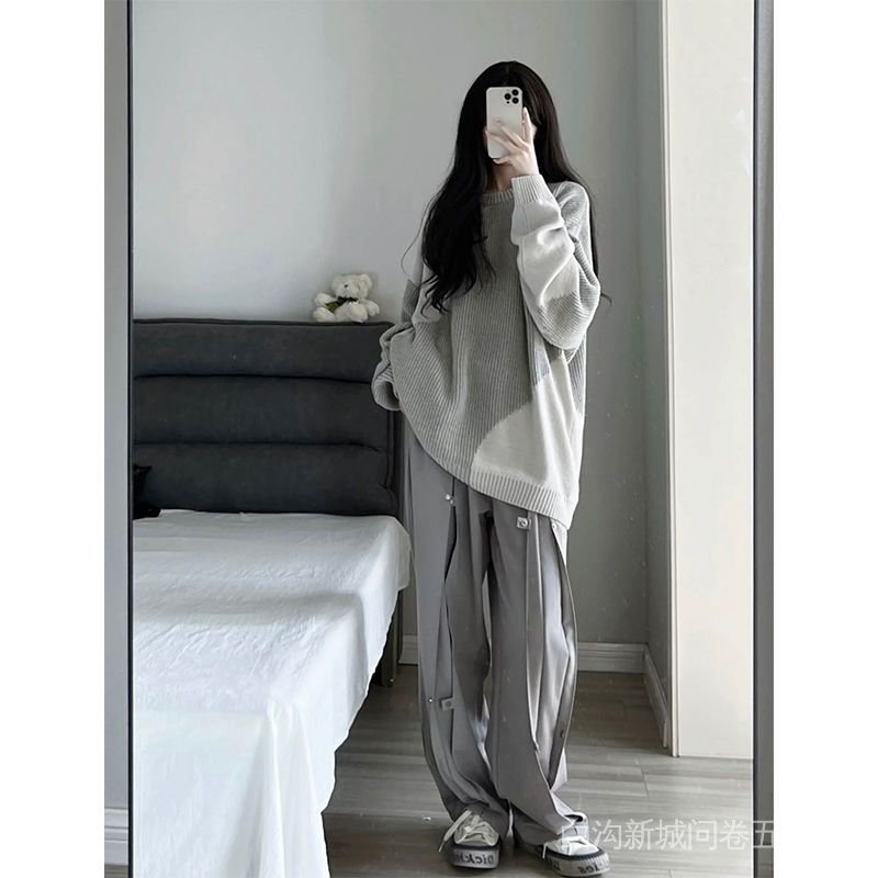 Áo Sweater Dệt Kim Chui Đầu Dáng Rộng Màu Sắc Tương Phản Kiểu Vintage Thời Trang Xuân Thu Cho Học Sinh