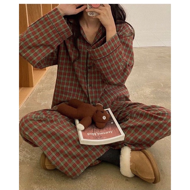Set đồ ngủ pyjama dài tay sọc caro đỏ basic