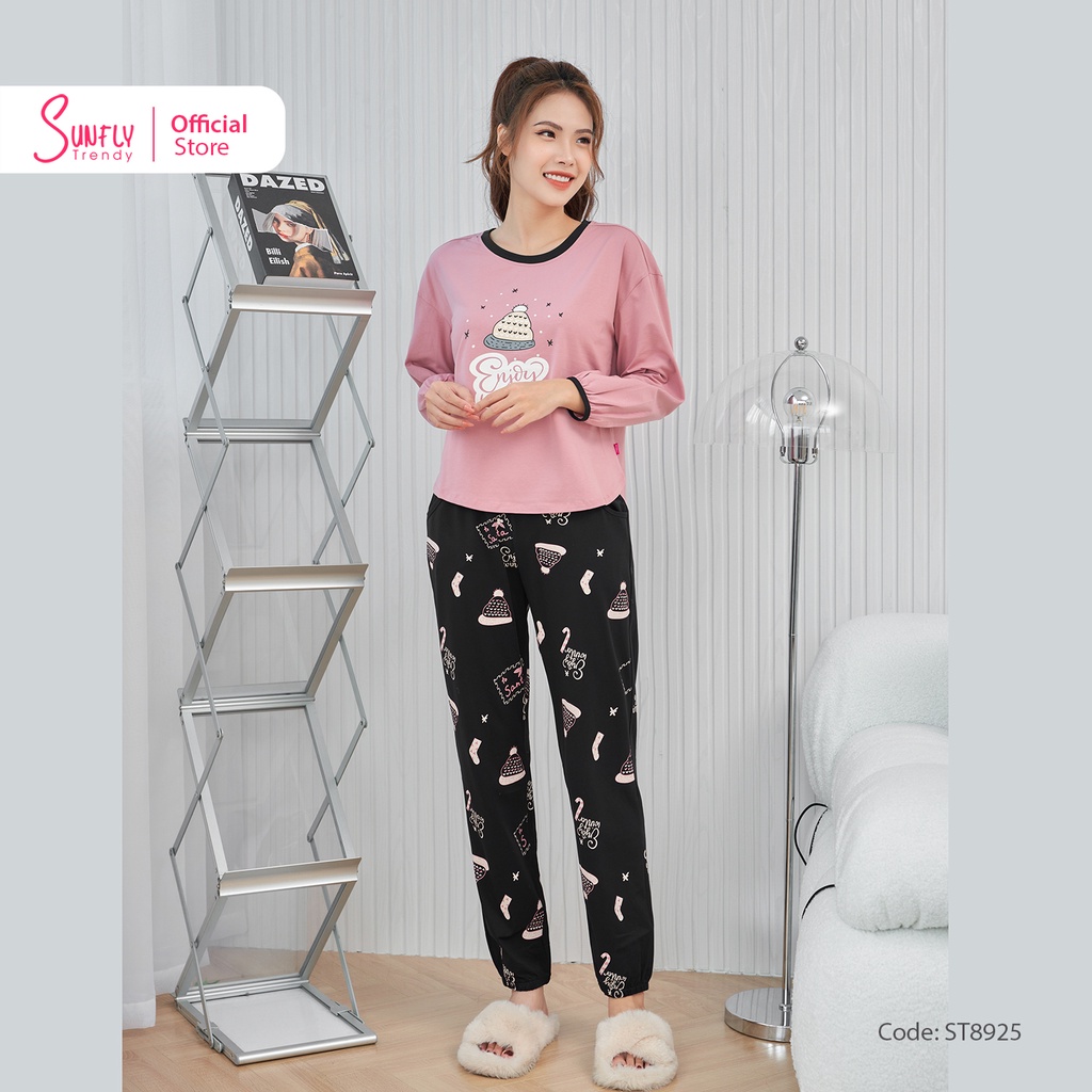 Bộ Đồ Mặc Nhà Nữ Cotton SUNFLY Áo Tay Lỡ Quần Dài ST8925