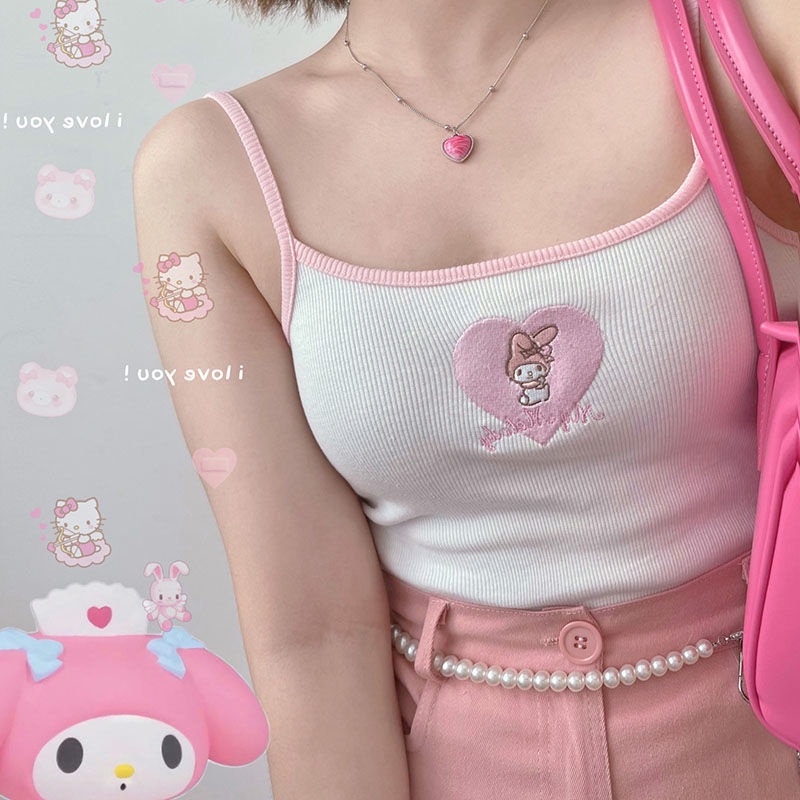 Soft Girl Cartoon Anime Tops Summer Japanese New Ins Cute Anime Embroidery Slim Spicy Girl Short Female Students Peplum Inside The Undershirt